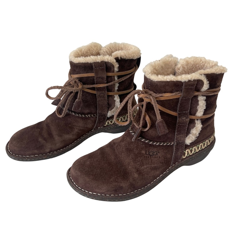 UGG Australia 5178 Brown Suede Shearling Lace Up Ankle Boots Womens 9